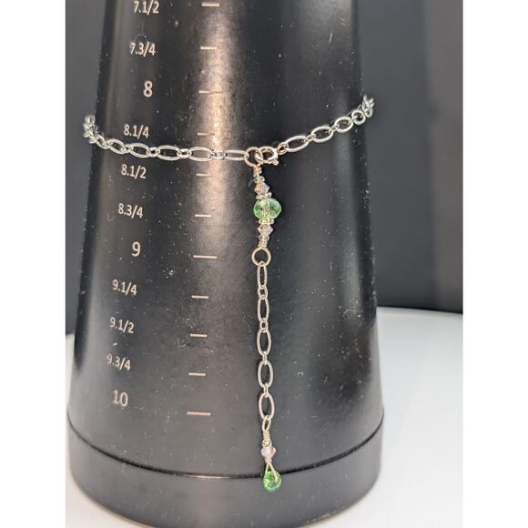 925 Sterling Marked Delicate Chain Green Crystal Bead Bracelet - Picture 5 of 8